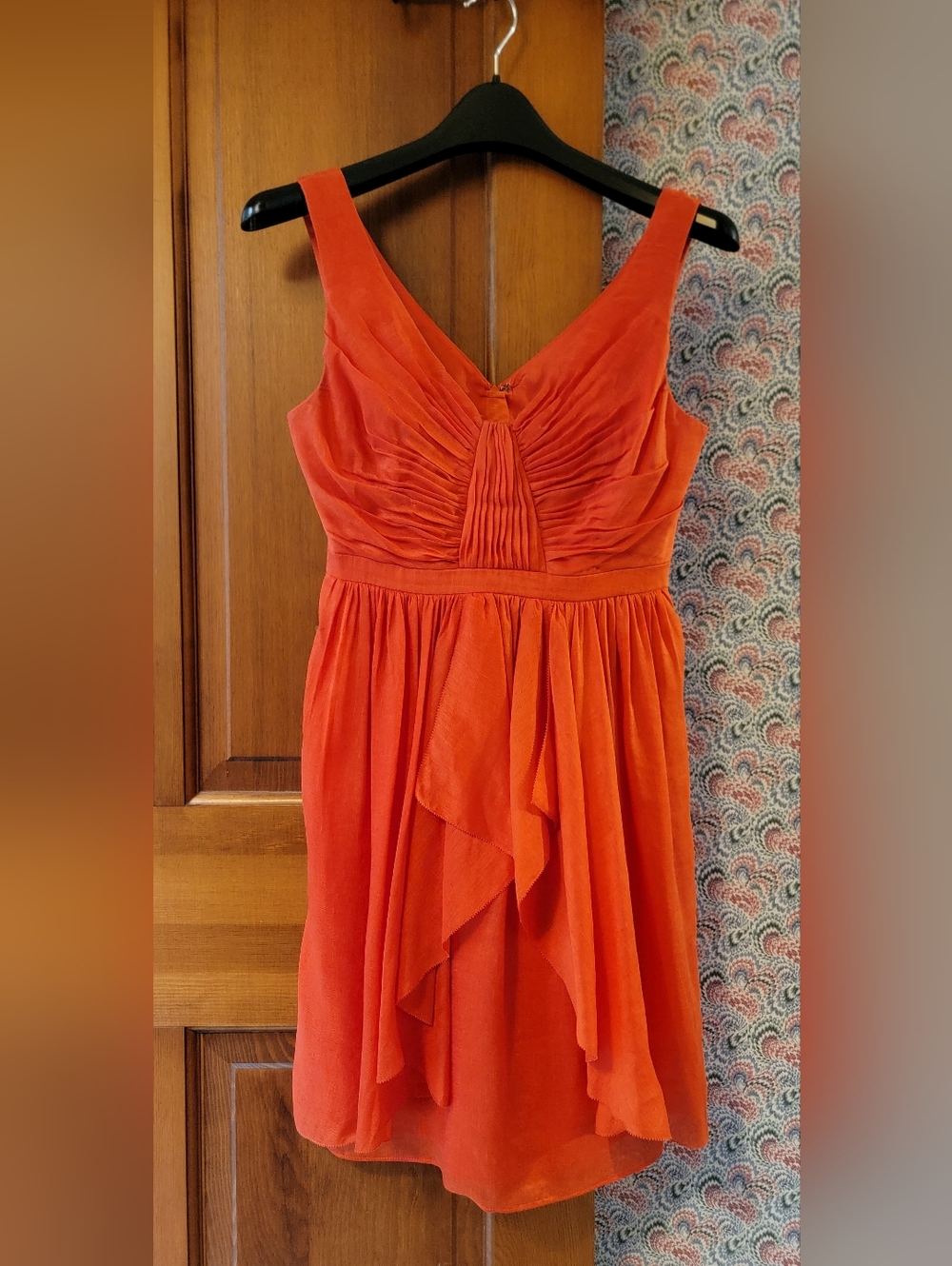 Anthropologie Quillaree Coral Orange Silk Linen Ruched Draped Dress Size 4